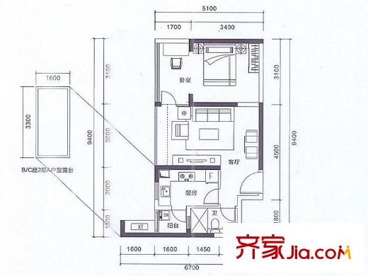 阳基春天里户型图B/C座A户型 1室1厅1卫1厨