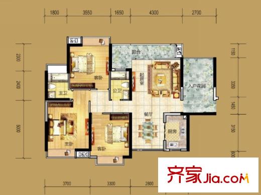 錦龍又一城戶型圖7、8棟201-2301、204-2304室B戶型 3室2廳2衛(wèi)1廚