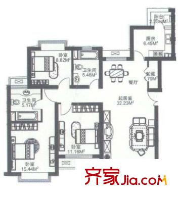 高發(fā)住宅樓 3室 戶型圖