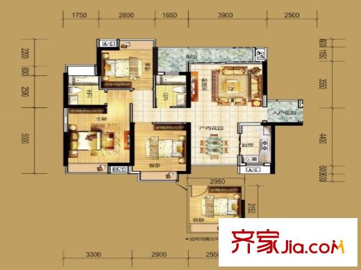 錦龍又一城戶型圖5、9、10棟2樓C戶型 3室2廳2衛(wèi)1廚
