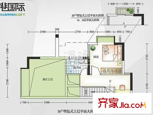 麓港国际公寓户型图B户型上 1室1厅