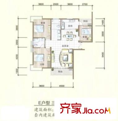 鵬盛花園戶型圖三室兩廳兩衛(wèi)一廚 3室2廳2衛(wèi)1廚