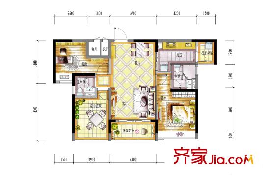 保利百合花園戶型圖5、6棟02戶型 2室1廳1衛(wèi)1廚