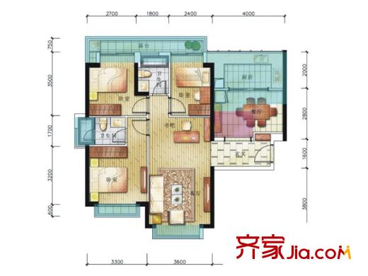 卓越皇后道戶型圖89平05戶型奇數(shù)層 3室2廳2衛(wèi)1廚