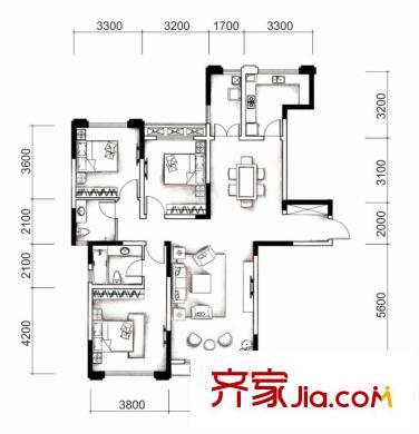 城南優(yōu)品道廣場戶型圖5號樓C1戶型 3室2廳2衛(wèi)1廚