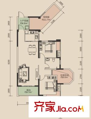 洛森堡新殿二期戶型圖二期20棟標(biāo)準(zhǔn)層B3戶型(售罄） 2室1廳1衛(wèi)1廚