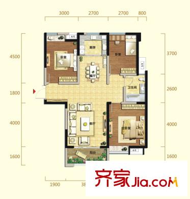 建發(fā)金沙里戶型圖3號樓E戶型 3室2廳1衛(wèi)1廚