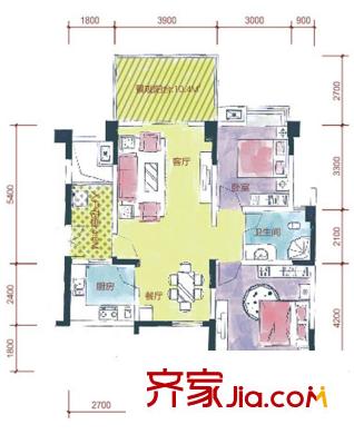 寶泰家園戶型圖二期A1戶型（6棟奇數(shù)層3#） 2室2廳1衛(wèi)1廚