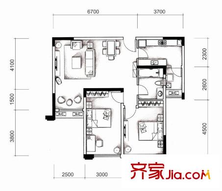 城南優(yōu)品道廣場戶型圖戶型圖C3 2室2廳1衛(wèi)1廚