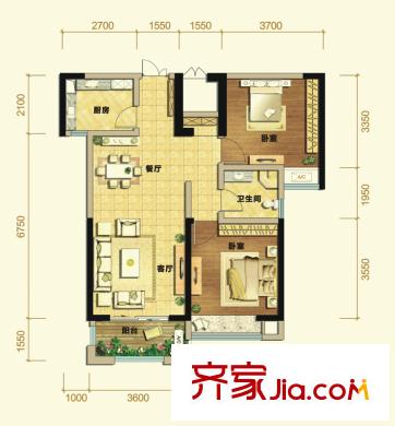 建發(fā)金沙里戶型圖3號樓B戶型 2室2廳1衛(wèi)1廚