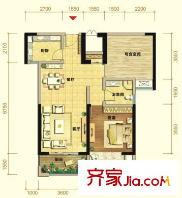 建發(fā)金沙里戶型圖一期1棟1、2單元B戶型 2室2廳2衛(wèi)1廚