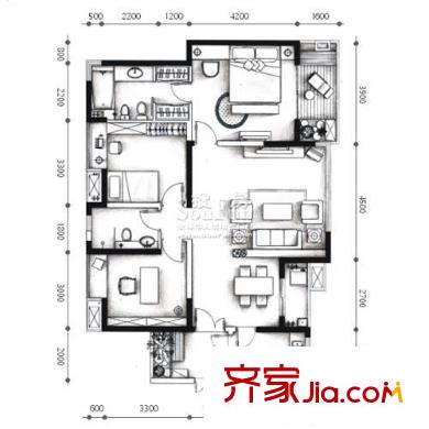 大城際戶型圖D1型 3室2廳2衛(wèi)1廚
