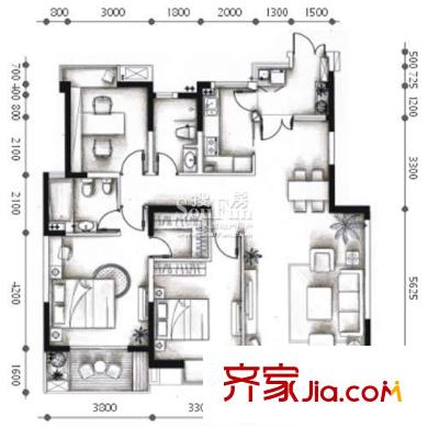 大城際戶型圖D4型 3室2廳2衛(wèi)1廚