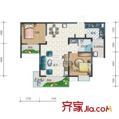 西花汀戶型圖C1型 2室2廳1衛(wèi)1廚