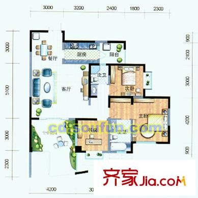 西花汀戶型圖N型 3室2廳2衛(wèi)1廚