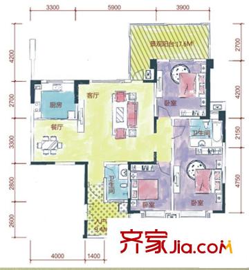 寶泰家園戶型圖二期B1戶型（5棟2單元偶數(shù)層3#） 3室2廳2衛(wèi)1廚