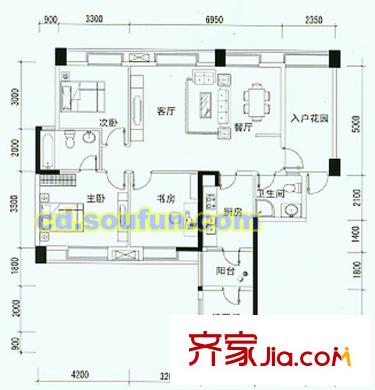金房水韻天府戶型圖2-A型 3室2廳2衛(wèi)1廚