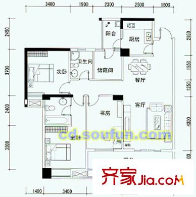 金房水韻天府戶型圖1-A型 3室2廳2衛(wèi)1廚