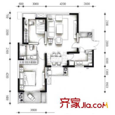大城際戶型圖B2型 2室2廳1衛(wèi)1廚