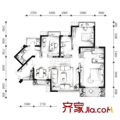 大城際戶型圖D2’型 3室2廳2衛(wèi)1廚