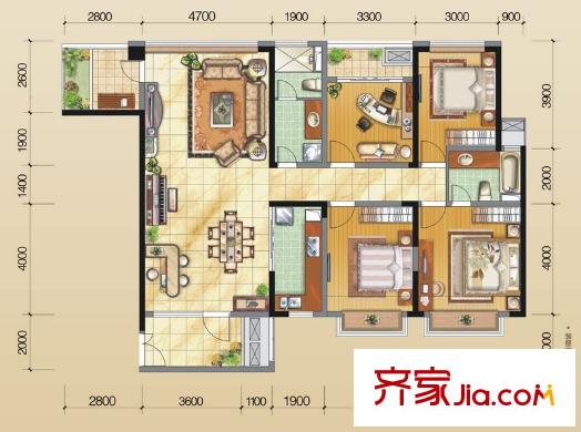 奧克斯廣場(chǎng)戶型圖一期標(biāo)準(zhǔn)層B戶型 4室2廳2衛(wèi)1廚