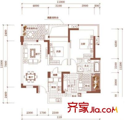 華僑城純水岸戶型圖二期F1型（奇數(shù)層）（售罄） 2室2廳2衛(wèi)1廚