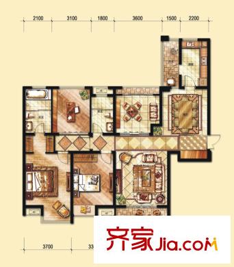 中海金沙府戶型圖1-5棟標(biāo)準(zhǔn)層3號房B戶型（分） 4室2廳2衛(wèi)1廚