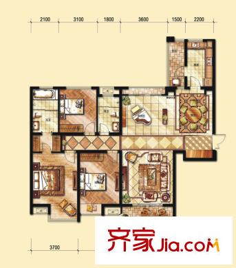 中海金沙府戶型圖1-5棟標(biāo)準(zhǔn)層3號房B戶型（合） 3室2廳2衛(wèi)1廚