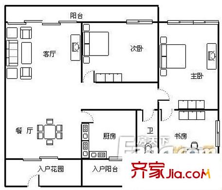 西花汀戶型圖戶型圖 3室2廳1衛(wèi)1廚