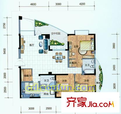 西花汀戶型圖K型 3室2廳2衛(wèi)1廚