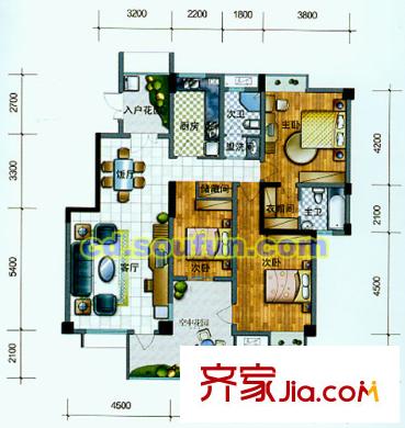 西花汀戶型圖F型 3室2廳2衛(wèi)1廚