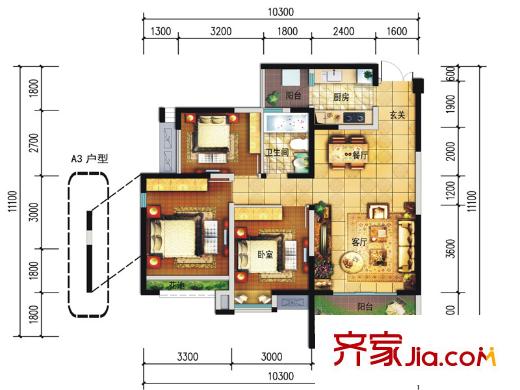 遠(yuǎn)大中央公園4、5號(hào)樓標(biāo)準(zhǔn)層A3/B3戶型 3室2廳1衛(wèi)1廚