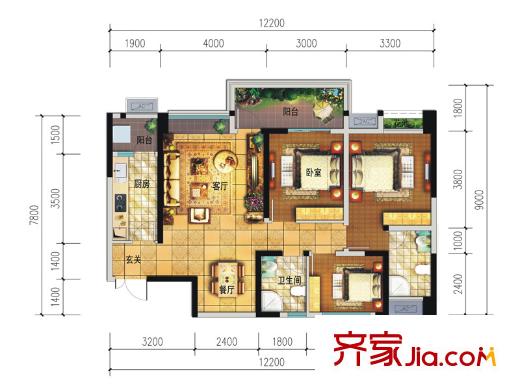 遠(yuǎn)大中央公園4、5號(hào)樓標(biāo)準(zhǔn)層A5/B5型 3室2廳2衛(wèi)1廚