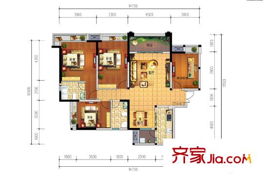 遠(yuǎn)大中央公園7、8號(hào)樓標(biāo)準(zhǔn)層D戶型 4室2廳2衛(wèi)1廚