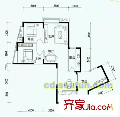 金房水韻天府戶型圖7-D型 2室2廳1衛(wèi)1廚