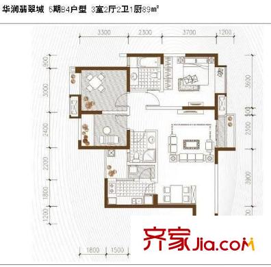 翡翠城五期戶型圖B4戶型圖 3室2廳2衛(wèi)1廚