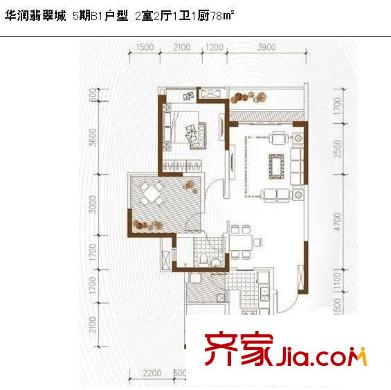 翡翠城五期戶型圖B1戶型圖 2室2廳1衛(wèi)1廚