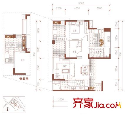 華僑城純水岸戶型圖三期二批次5-9棟30-33層 A2戶型（售罄） 2室2廳1衛(wèi)1廚