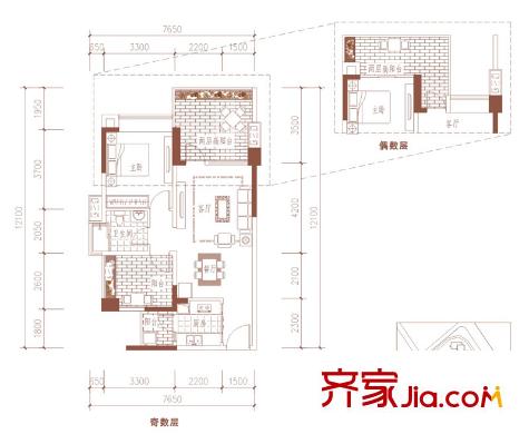 華僑城純水岸戶型圖三期二批次5-9棟30-33層 B3型（售罄） 1室1廳1衛(wèi)1廚