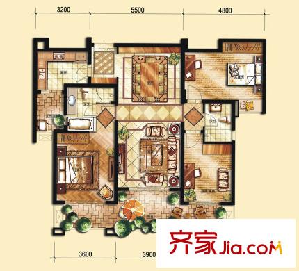 中海金沙府戶型圖1-5棟標(biāo)準(zhǔn)層2號房A戶型 3室2廳2衛(wèi)1廚