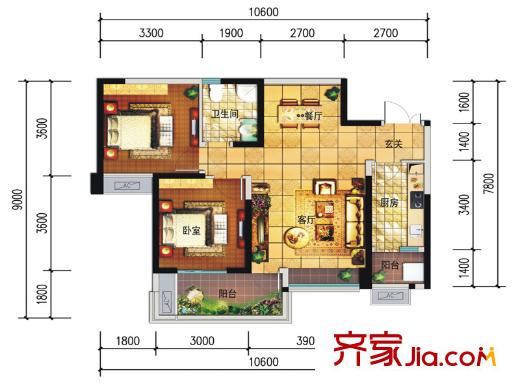 遠(yuǎn)大中央公園4、5號(hào)樓標(biāo)準(zhǔn)層A2戶型 2室2廳1衛(wèi)1廚