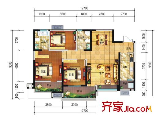遠(yuǎn)大中央公園4、5號(hào)樓標(biāo)準(zhǔn)層B2戶型 3室2廳2衛(wèi)1廚