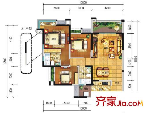 遠(yuǎn)大中央公園5、5號(hào)樓標(biāo)準(zhǔn)層A1/B1型 3室2廳2衛(wèi)1廚
