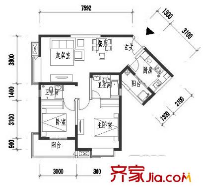 紅楓嶺二期戶型圖C5戶型圖 2室2廳2衛(wèi)1廚