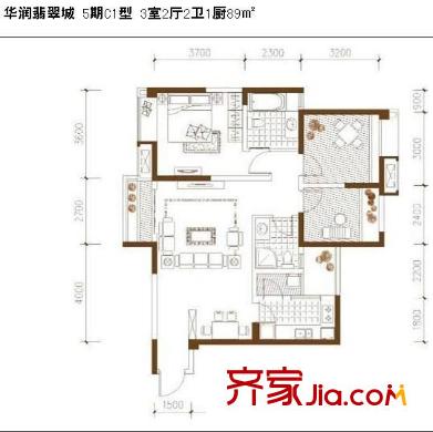 翡翠城五期戶型圖C1戶型圖 3室2廳2衛(wèi)1廚