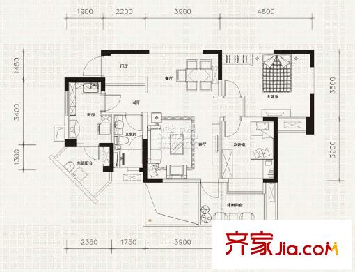 萬科金域西嶺戶型圖A2型 2室2廳1衛(wèi)1廚
