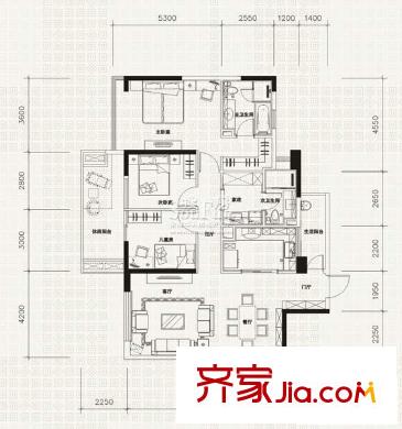 萬科金域西嶺戶型圖B2型 3室2廳2衛(wèi)1廚