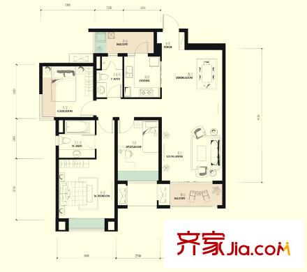 龍湖北城天街戶型圖二期21號(hào)樓標(biāo)準(zhǔn)層D1戶型 3室2廳2衛(wèi)1廚