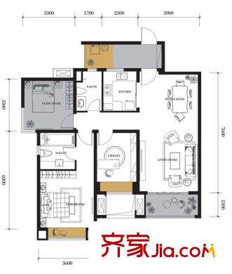 龍湖北城天街戶型圖一期2號(hào)樓標(biāo)準(zhǔn)層B4戶型 2室2廳2衛(wèi)1廚