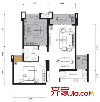 龍湖北城天街戶型圖一期2號(hào)樓標(biāo)準(zhǔn)層B2戶型 1室2廳1衛(wèi)1廚